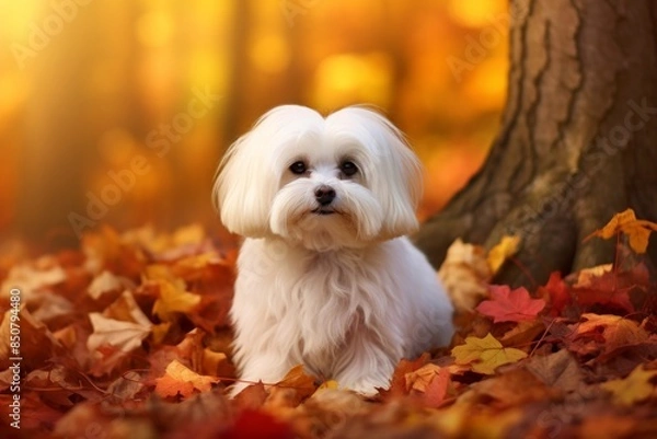 Fototapeta Portrait of a cute maltese while standing against background of autumn leaves