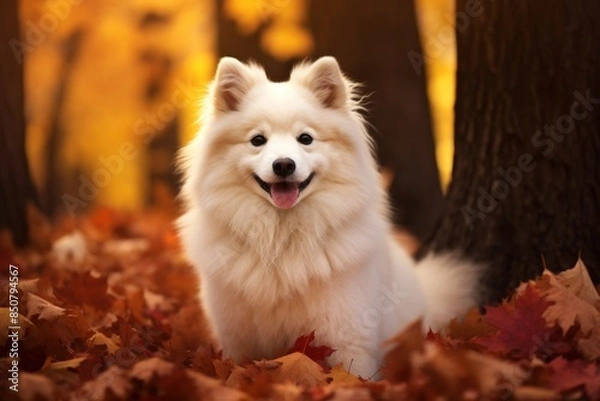 Fototapeta Portrait of a cute american eskimo dog isolated on background of autumn leaves