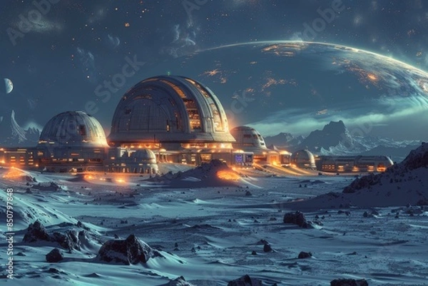 Fototapeta Futuristic Space Habitat on a Snowy Planet