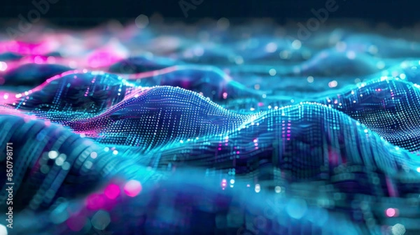 Fototapeta A high-resolution 3D illustration of an abstract digital landscape with flowing particles