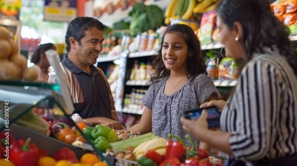 Fototapeta Grocery Store Checkout: Show a family at a grocery store checkout, using a Barclaycard for payment. The image should be vibrant and diverse.