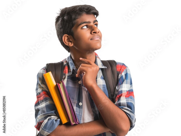 Obraz Indian teenager pondering future career paths with backpack and books 