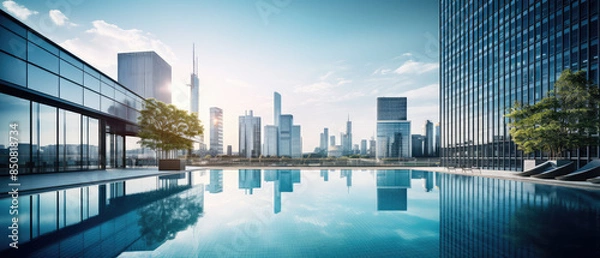 Fototapeta Modern Cityscape with Rooftop Pool Reflections