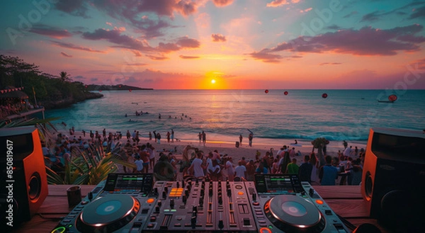 Fototapeta A close-up shot of hands on turntables, with people dancing in soft focus behind at sunset during an outdoor party. A photo of DJ equipment on the beach with a sunset and crowd in the background. 