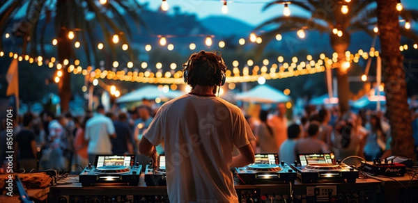 Fototapeta A close-up shot of hands on turntables, with people dancing in soft focus behind at sunset during an outdoor party. A photo of DJ equipment on the beach with a sunset and crowd in the background. 