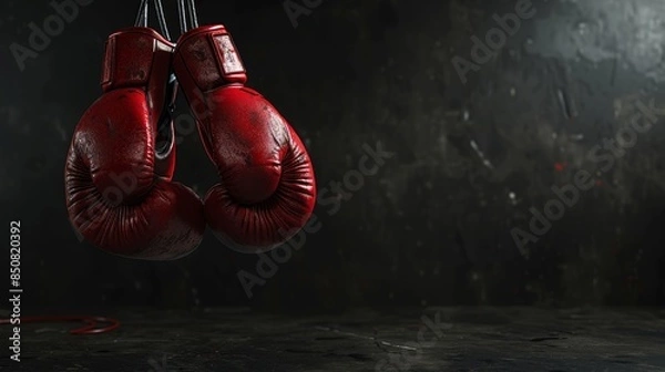 Fototapeta Hanging red boxing gloves in a dark, moody gym setting symbolize strength, perseverance, and the spirit of boxing in a powerful visual.