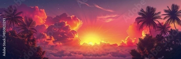 Fototapeta Palm Trees Silhouetted Against a Vibrant Sunset Sky