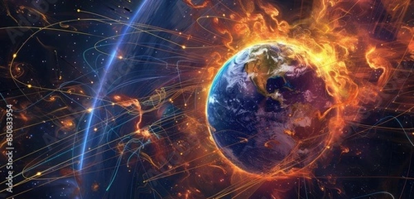 Fototapeta Dynamic Earth with Fiery Energy Fields in Space