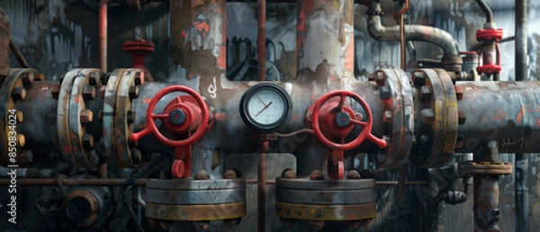 Fototapeta A network of old, rusty industrial pipes and valves, showing a close-up of their weathered surfaces, conveying a sense of history and usage.