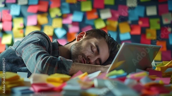 Fototapeta Exhausted from work, a man rests his head on a laptop in an office plastered with multicolored post-it notes.