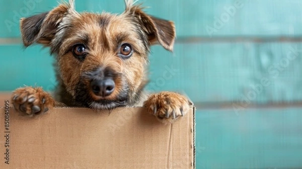 Fototapeta Little dog peeking out from a cardboard box, ears perked up, with a mischievous grin, on bright pastel background
