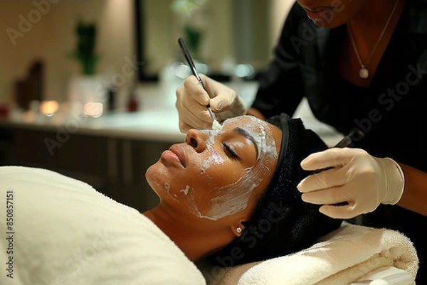 Fototapeta An esthetician applying a facial mask to a relaxed woman in a serene spa setting, highlighting beauty and skincare.

