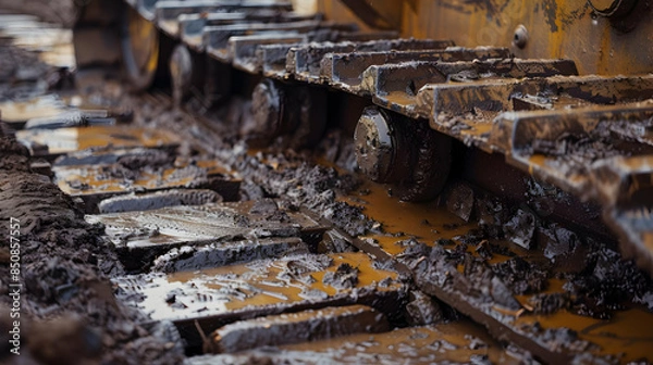 Fototapeta Closeup of heavy construction machinery tracks on muddy terrain