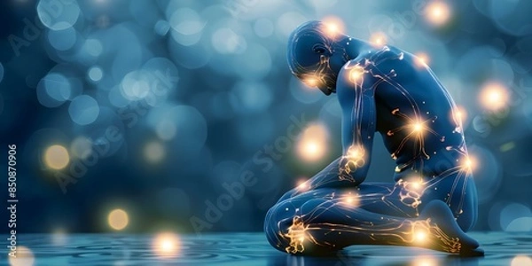 Obraz Person with fibromyalgia experiencing widespread pain and fatigue depicted as glowing points. Concept Chronic Pain, Fibromyalgia Awareness, Painful Symptoms, Invisible Illness, Overcoming Adversity