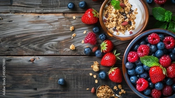 Fototapeta Healthy breakfast of granola, strawberries, blueberries, and raspberries on a rustic wooden table, with fresh mint garnish.