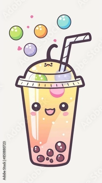 Obraz A cup of bubble tea with a straw and a straw