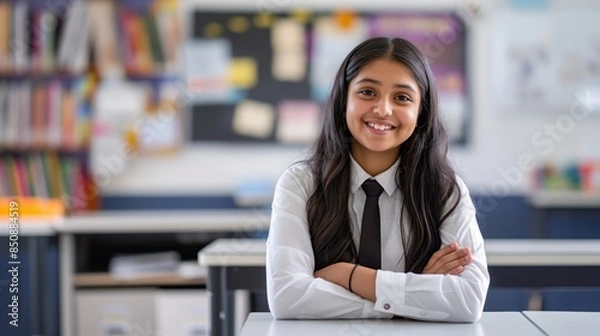 Fototapeta High School Education, Indian Student Smiling, Classroom Learning, Diverse Background