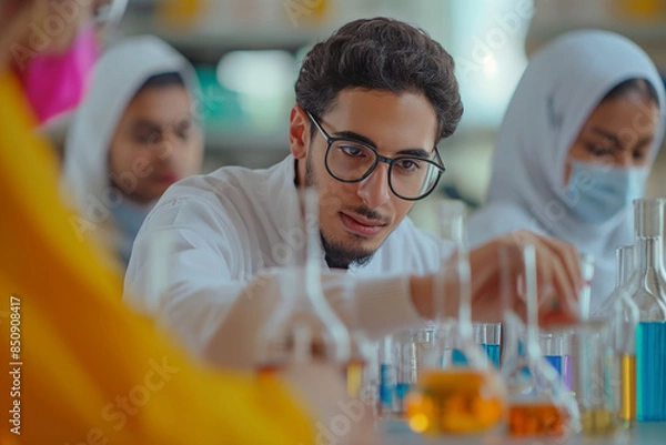 Obraz Woman and man scientist, laboratory and test tube. Research and analysis. Senior Scientific Expert, Research for Medicine. Medicine concept. Laboratory research.