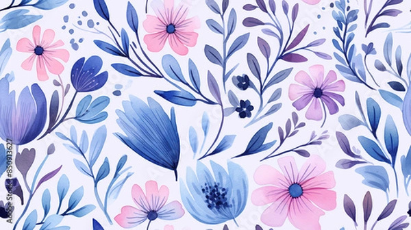 Fototapeta Seamless floral pattern with  watercolor flowers on summer background, watercolor illustration. Template design for textiles, interior, clothes, wallpaper