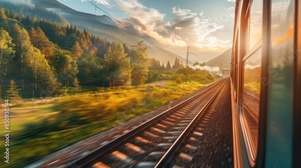 Fototapeta Nature landscape view from train window. concept vacation. generative AI image