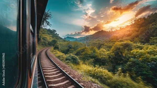 Fototapeta Nature landscape view from train window. concept vacation. generative AI image
