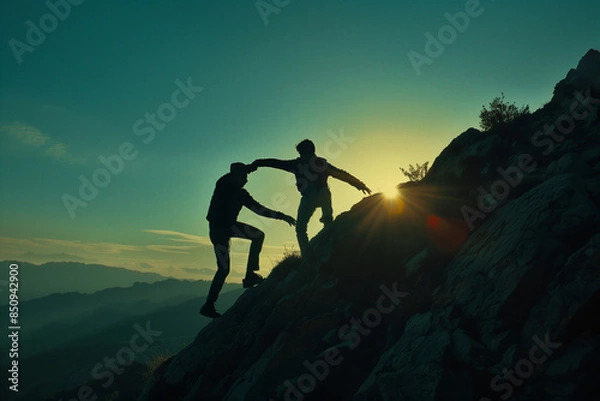 Fototapeta Silhouette of one person helping another up a mountain at sunrise or sunset.