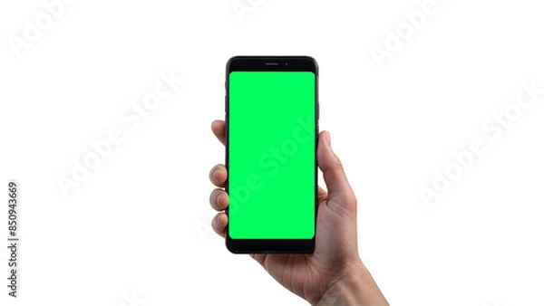 Fototapeta Men holding mobile phone with green screen