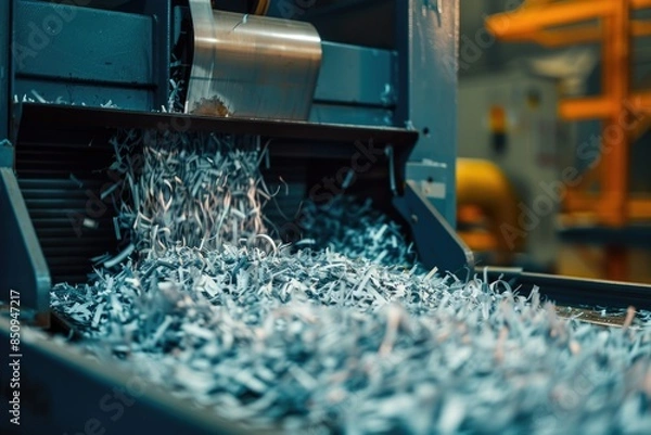 Obraz A conveyor belt with a pile of shredded paper, suitable for use in illustrations about work or office scenes