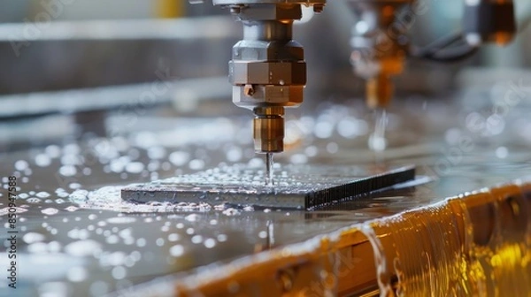 Fototapeta A machine is cutting a piece of metal with a drill