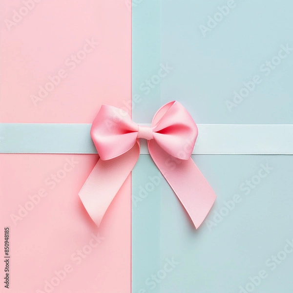 Fototapeta pink bow on pastel background, minimalistic, simple, flat lay.