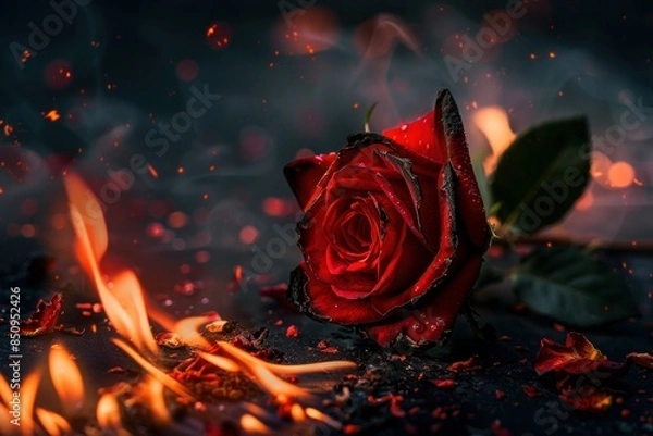 Obraz Red rose flower on fire dark background