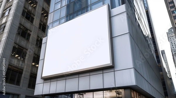 Obraz A blank square billboard mounted on the sleek facade of a modern building, towering above bustling city streets, awaiting a vibrant advertisement or captivating artwork.