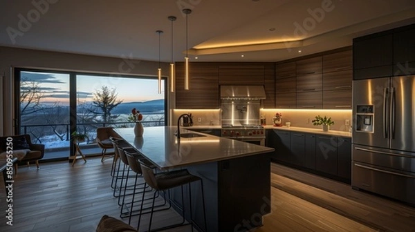Obraz A cozy kitchen interior featuring a spacious bar island and cooking area bathed in natural light from a panoramic window, with modern appliances and sleek countertops.