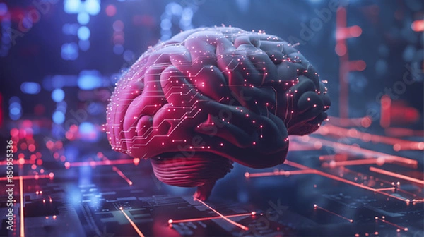 Fototapeta 3D Model Human Brain with Circuits Board pattern, AI Techonology, Concept of Deep Neural Network, Generative AI, Anatomy