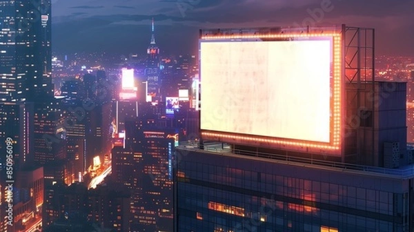 Obraz A twilight scene featuring an empty square billboard perched on the facade of a contemporary skyscraper, with city lights twinkling below and the vibrant glow of neon signs.