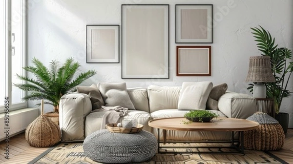 Fototapeta Mockup frames of various sizes on the wall of living room.