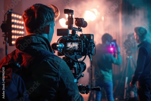 Fototapeta A person filming a group of friends or family members, great for capturing special moments or creating a nostalgic atmosphere