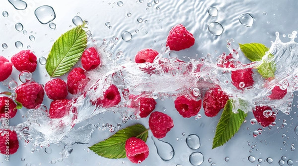 Fototapeta Raspberry with leaves and splashes of water on a monochrome background
