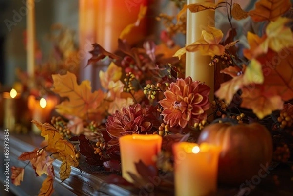 Fototapeta Intimate fall decor with lit candles among colorful autumn leaves and berries