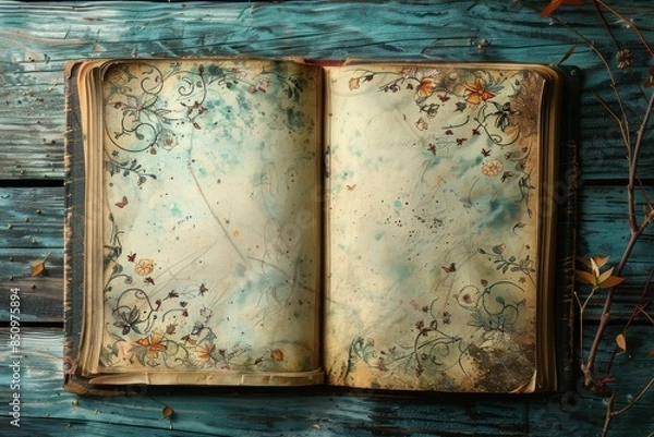 Obraz Mockup photo of a fairy tale book with whimsical illustrations on a wooden table