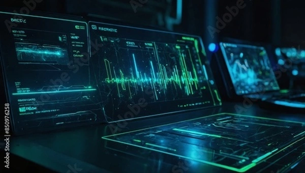 Fototapeta Futuristic AI neural interface with neon-lit touch controls and holographic display, dynamic style, vibrant neon blue and green colors, high detail, cinematic lighting