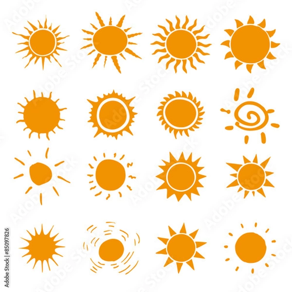 Fototapeta Hand drawn set of different suns isolated. Vector illustration. Elements for design