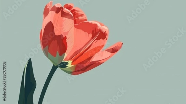 Fototapeta   A single red flower against a green-grey background, with a blue sky in the distance