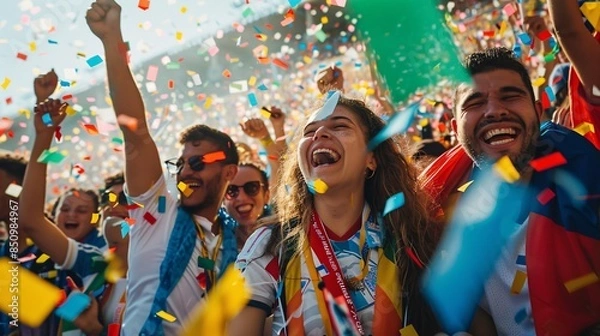 Fototapeta Joyful Unity: Diverse Fans Celebrating with Flags and Confetti at World Cup Fan Fest