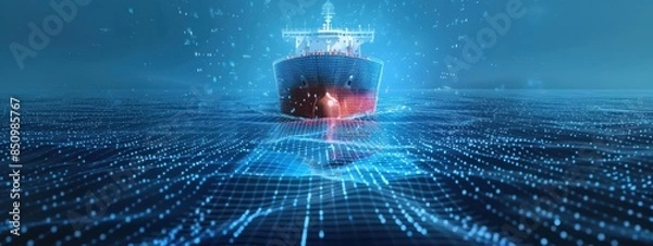 Fototapeta Digital Twin of a Cargo Ship: A digital twin of a cargo ship used for simulations and real-time monitoring, optimizing performance and ensuring safety.