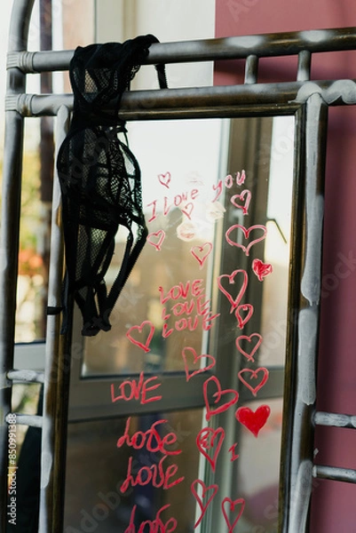 Fototapeta sexy girl writes a love message on the mirror and glass with red lipstick. The phrase I love you on the first date of a man and a woman. Erotic and romantic atmosphere with hearts and black lace bra