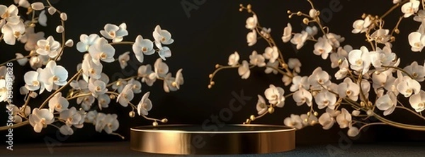 Fototapeta Golden Podium with White Orchids in Luxurious Setting. Background 3D podium with spring flower