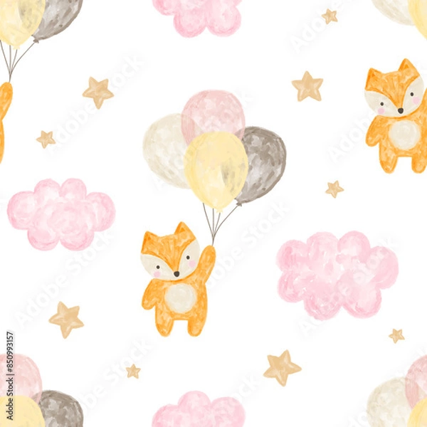 Obraz Watercolor kawaii cute fox with pink balloons in the sky with golden stars, kids seamless pattern background