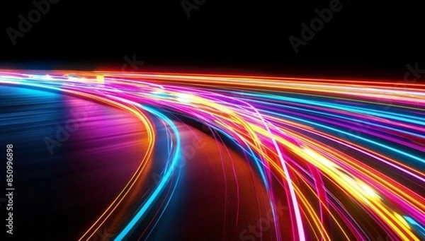 Fototapeta A vibrant display of neon light trails against a dark background, creating a sense of dynamic motion and speed.