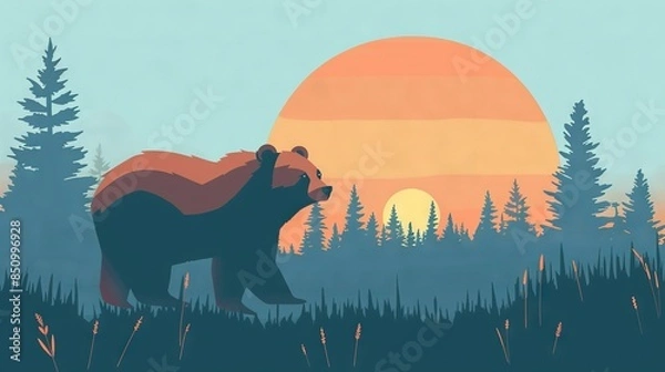 Fototapeta  A bear standing in a grassy field surrounded by trees during sunset